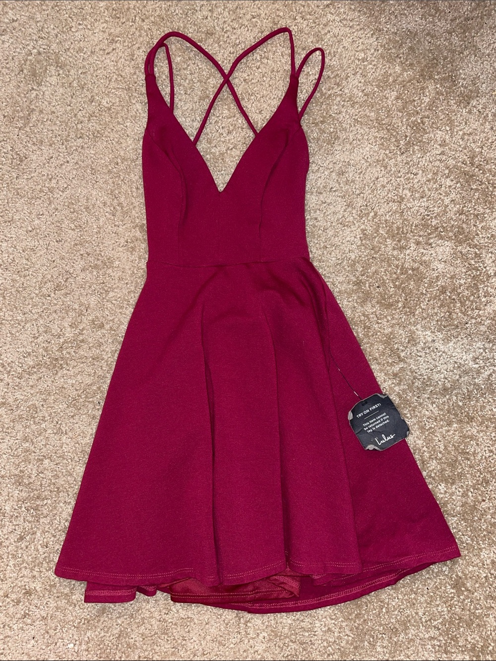 Lulu's Wine-Red Crisscross Strappy Mini Dress
